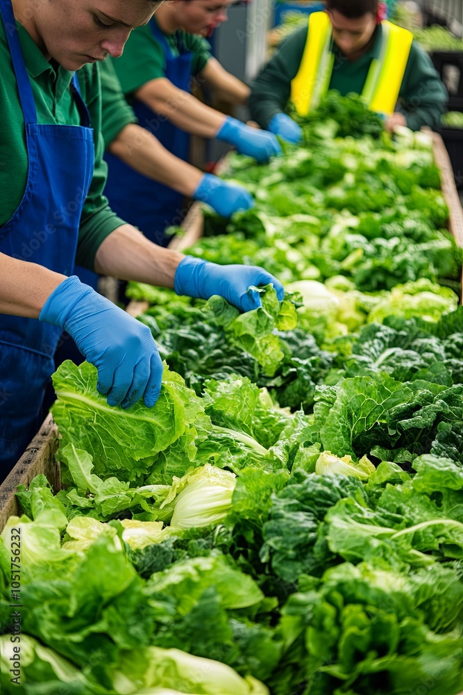 Naklejka premium Workers in blue gloves inspecting fresh green lettuce on a production line.