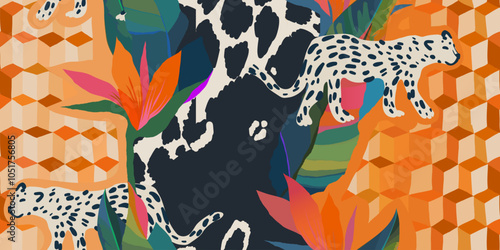 Abstract geometric tropical flowers print with leopards. Botanical abstract contemporary seamless pattern. collage hand drawn unique print.