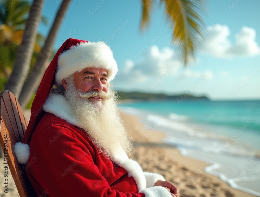 Obraz premium Tropical Christmas Retreat. A tropical Christmas scene with Santa Claus lounging. Holiday relaxation in a paradise setting concept.