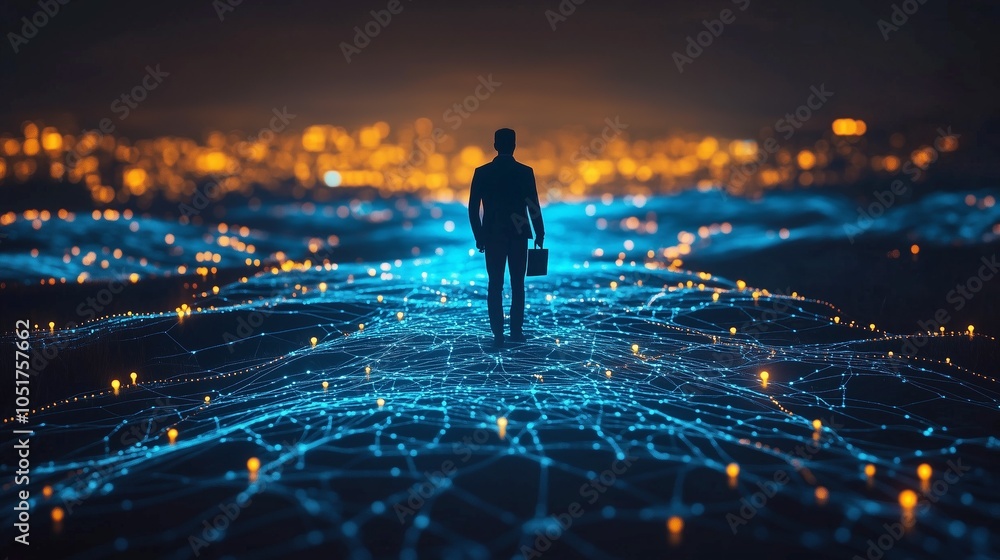 Digital illustration of a glowing network with a businessman silhouette walking towards the city lights Digital illustration of a glowing network with a businessman silhouette walking towards the city lights