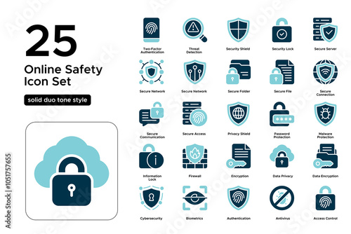 Online Safety Solid Duo Tone Icon Set: Safe Browsing, User Privacy, and Data Encryption Icons
