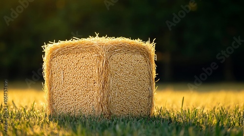 A bale of cereal with a golden hue, caught in morning sunlight photo