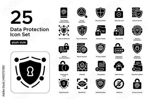 Data Protection Glyph Icon Set: Information Safety, Access Control, and User Privacy Icons