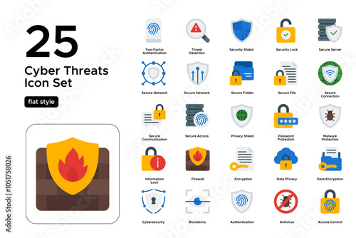 Cyber Threats Flat Icon Set: Digital Defense, Network Security, and Online Protection Icons