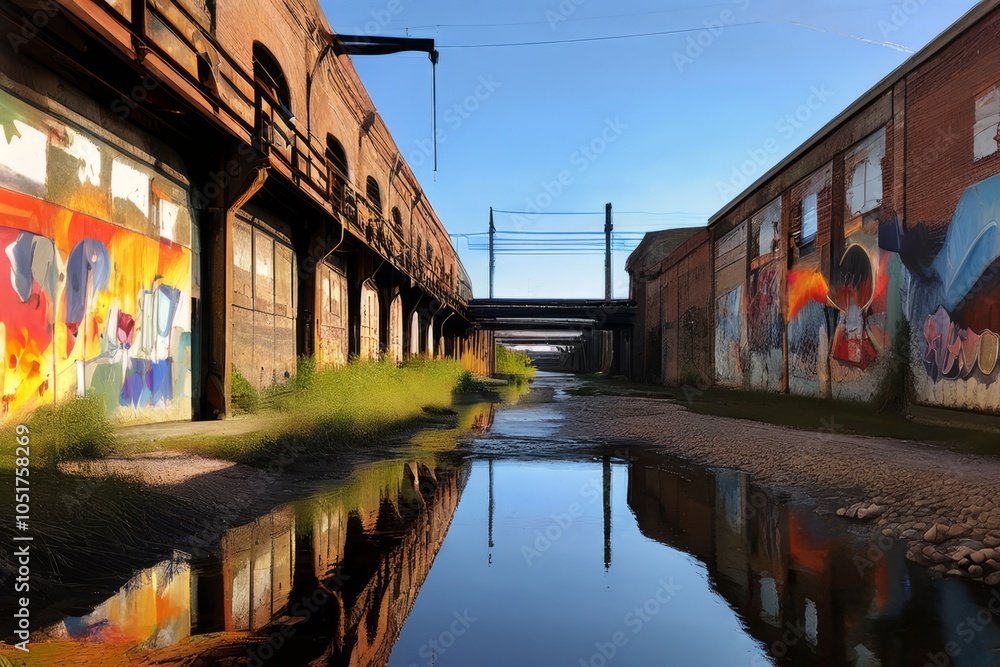 warehouse district stream running through an old warehouse distr warehouse district stream running through an old warehouse distr