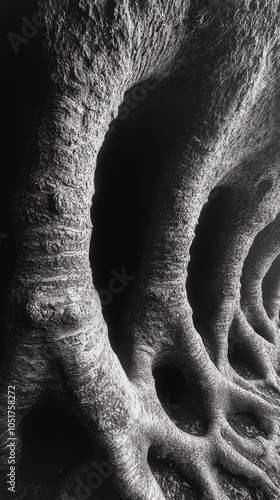 Tree Roots from Below, intricate network of thick roots extending outward, earthy tones, vibrant textures, nature's foundation revealed photo