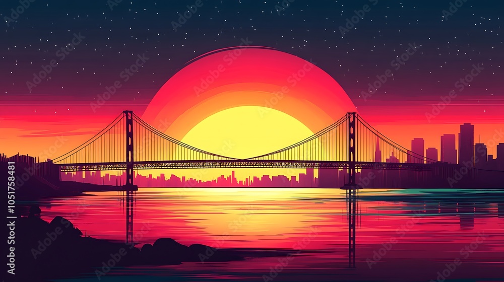 Obraz premium Flat illustration of the Golden Gate Bridge silhouette at sunset, with the sky transitioning from deep red at the top to bright orange near the horizon,