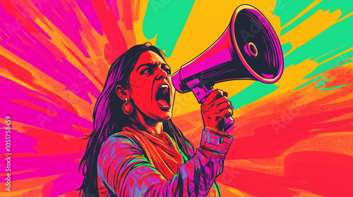 Colorful Illustration of an Indian woman speaking on a megaphone, protest