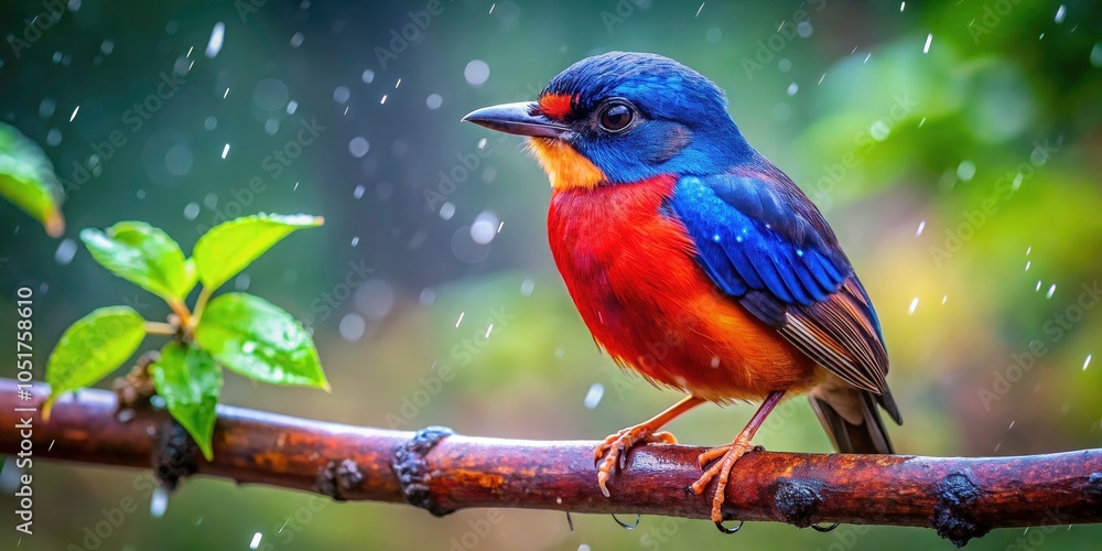 Stunning Red and Blue Bird Perched on a Tree with Water Droplets in Low Light, Captivating Nature Photography, Wildlife Scene, Birdwatching, Macro Close-Up, Moody Atmosphere, Vibrant Colors Stunning Red and Blue Bird Perched on a Tree with Water Droplets in Low Light, Captivating Nature Photography, Wildlife Scene, Birdwatching, Macro Close-Up, Moody Atmosphere, Vibrant Colors