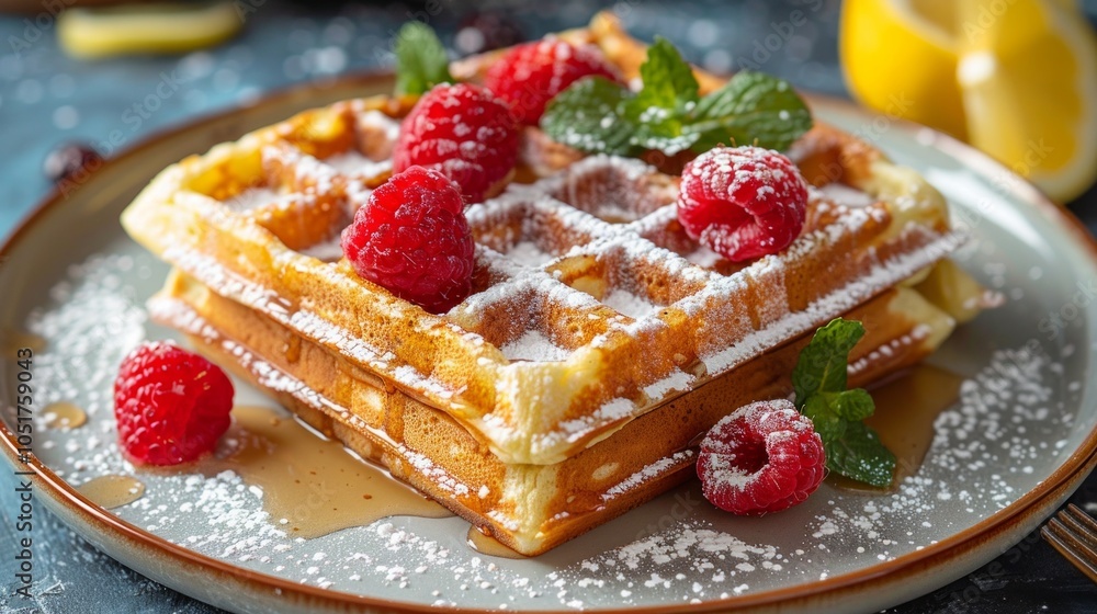 Sweet Belgian waffles with berries and mint Sweet Belgian waffles with berries and mint