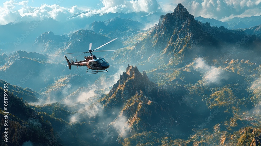 Fototapeta premium Aerial view of a helicopter flying over rugged mountains.