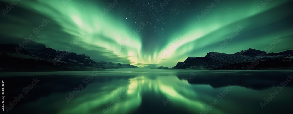 Spectacular northern lights illuminate the tranquil lake and mountains during a starry night in Iceland Spectacular northern lights illuminate the tranquil lake and mountains during a starry night in Iceland