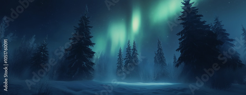 Vibrant auroras illuminate a serene winter forest at night in a tranquil landscape