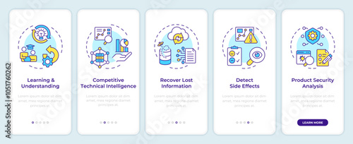Re-engineering applications onboarding mobile app screen. Walkthrough 5 steps editable graphic instructions with linear concepts. UI, UX, GUI template. Montserrat SemiBold, Regular fonts used