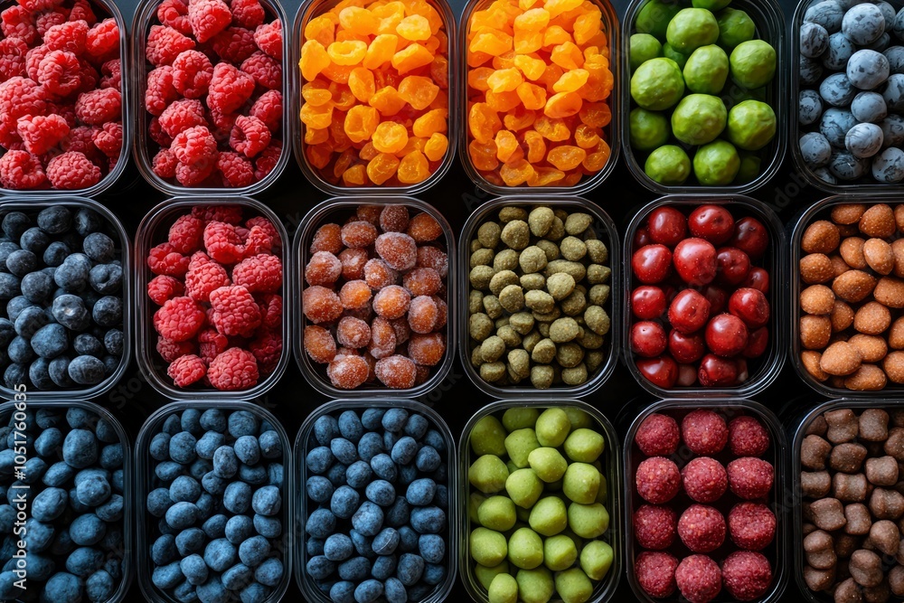 Assortment of Various Fruits and Candies in Plastic Containers Assortment of Various Fruits and Candies in Plastic Containers