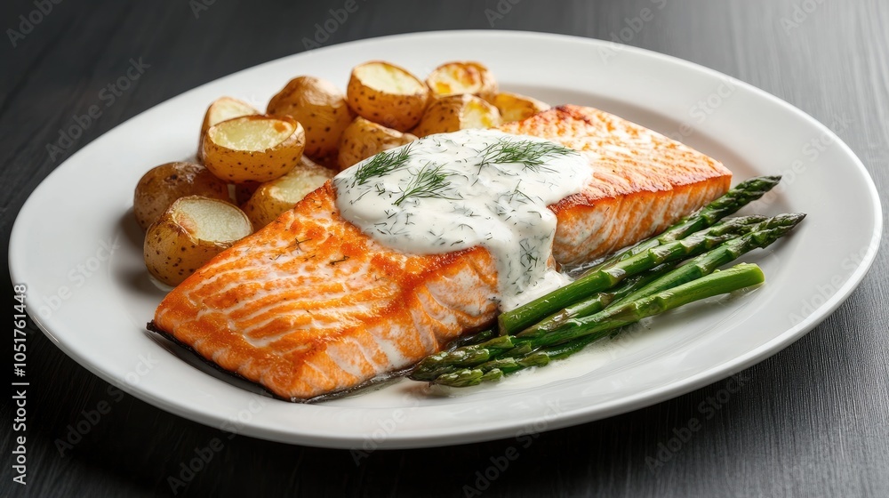 Grilled Salmon with Dill Sauce and Roasted Potatoes Grilled Salmon with Dill Sauce and Roasted Potatoes