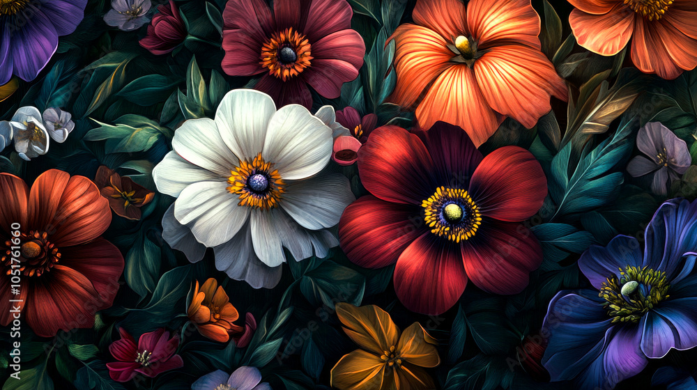 Close Up of Brightly Colored Flowers on Black Background Close Up of Brightly Colored Flowers on Black Background