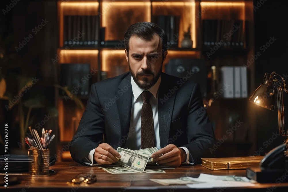 Serious mature man counting money. Businessman in suit sits at desk in luxurious office and counts stacks of cash. Concept of investment and financial planning Serious mature man counting money. Businessman in suit sits at desk in luxurious office and counts stacks of cash. Concept of investment and financial planning