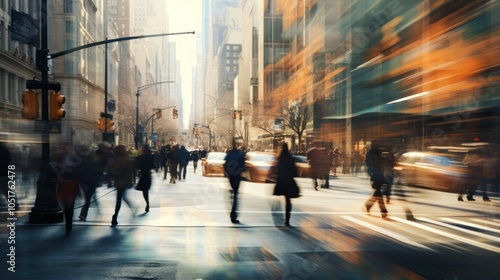 bustling city street scene featuring a diverse group of people walking in various directions,