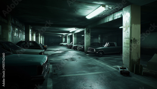 Empty Underground Parking Garage with Dim Lighting photo