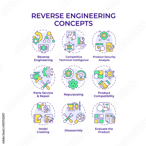 Reengineering multi color concept icons. Reverse engineering. Product disassembly, repurposing. Model creation process. Icon pack. Vector images. Round shape illustrations. Abstract idea