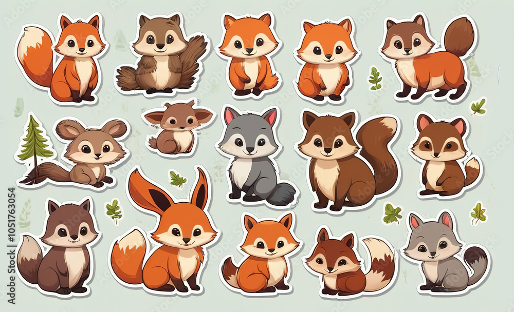 Obraz premium Cute wild animal clip art sticker set, ideal for a light background.