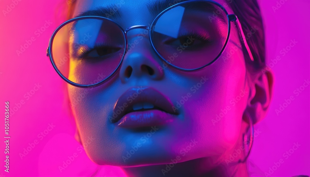 Close-up Portrait of a Woman Wearing Glasses with Neon Lighting Close-up Portrait of a Woman Wearing Glasses with Neon Lighting
