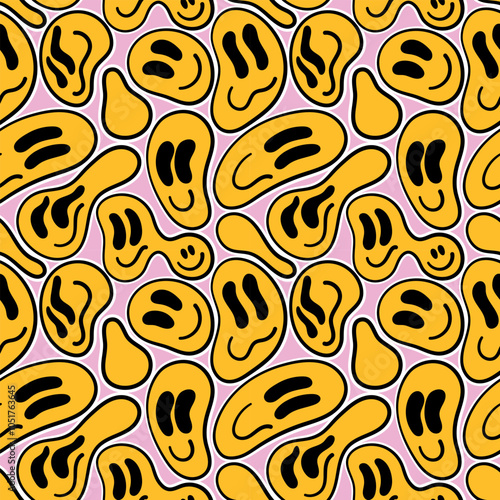 Various melting smileys. Lava lamp, water drops, drug trip style. Hand drawn abstract seamless pattern. photo