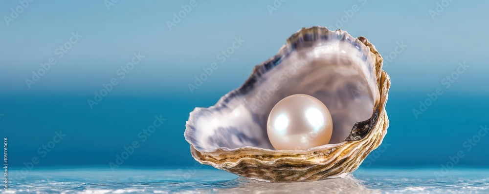 Oyster shell with a shiny pearl, calm ocean in the background. Oyster shell with a shiny pearl, calm ocean in the background.