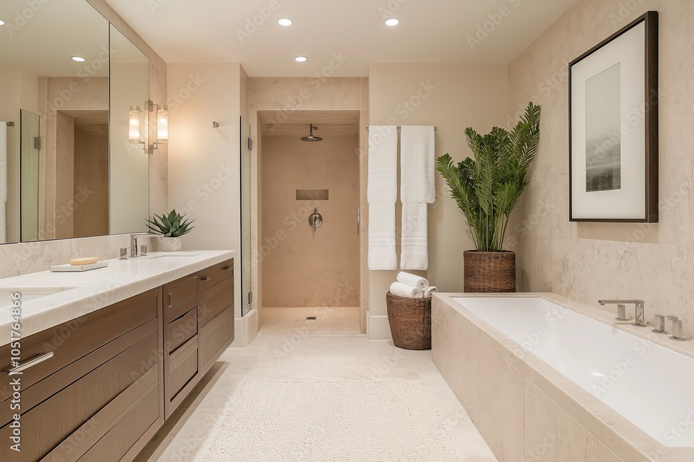 Fototapeta premium A bright and natural beige bathroom interior with white bathtub and plants