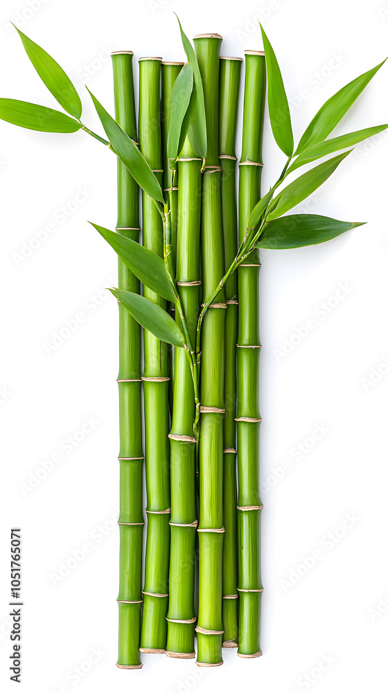 Fototapeta premium Bamboo green sticks with leaves isolated on transparent background