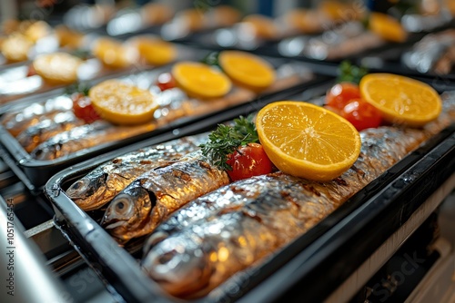 Close-up of Grilled Sardines with Lemon and Tomatoes photo