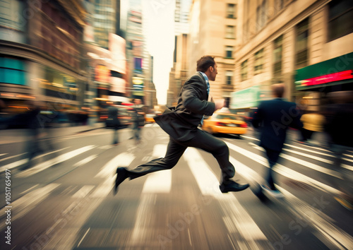 Businessman in suit running across busy city street with motion blur background in urban environment