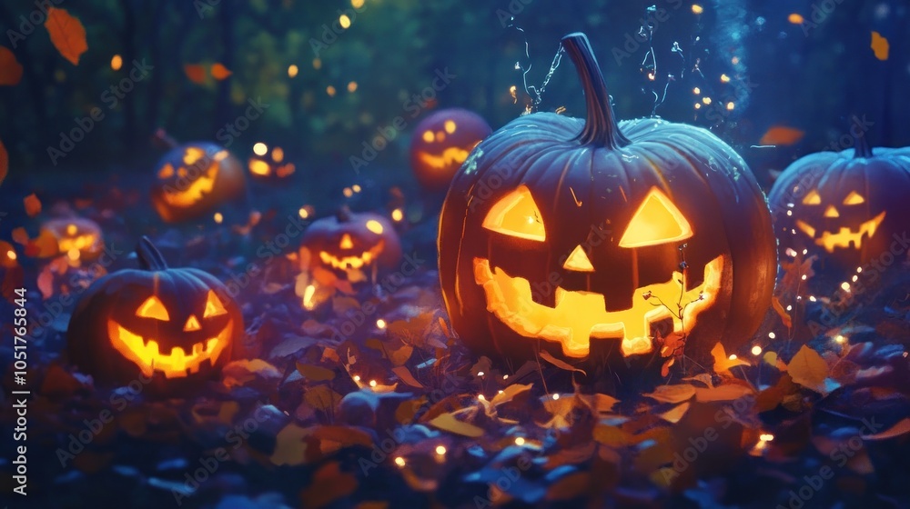 A group of glowing jack-o'-lanterns sit on a bed of fallen leaves, with a mystical, magical forest background. A group of glowing jack-o'-lanterns sit on a bed of fallen leaves, with a mystical, magical forest background.