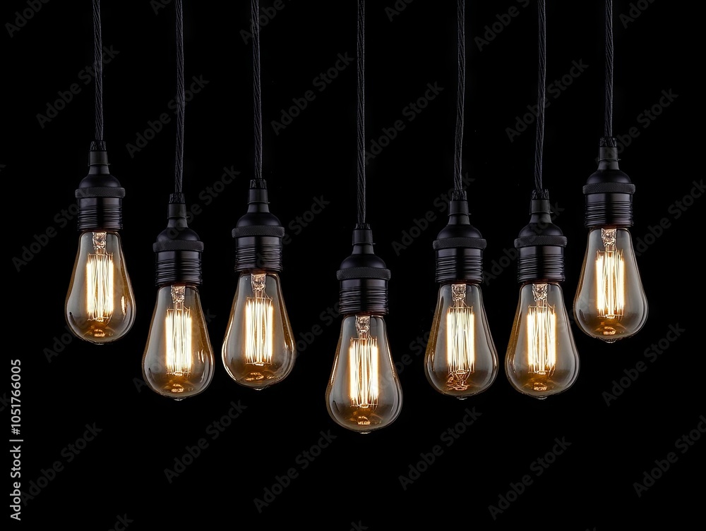 A bunch of light bulbs hanging from a black background A bunch of light bulbs hanging from a black background