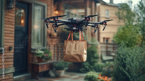 A drone delivering groceries to a customer s home, dropping the bag directly on the doorstep photo