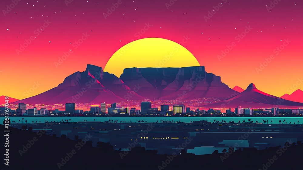 Obraz premium Flat silhouette illustration of Cape Town's Table Mountain at sunset, with a bright gradient sky blending from warm yellow to deep red, creating a stunning contrast with the dark silhouette,