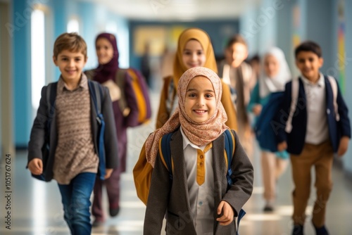 Corridor walking adult kid. photo