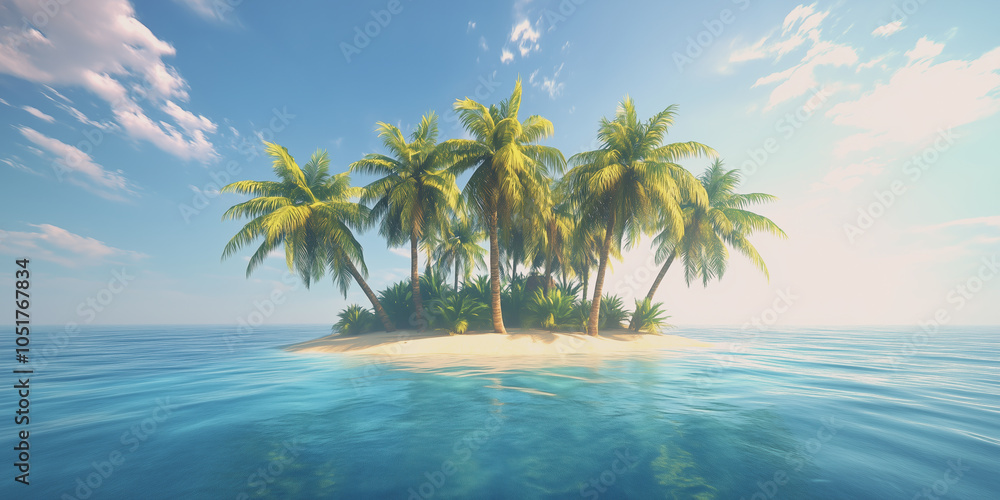 Obraz premium A tranquil tropical island with swaying palm trees surrounded by clear blue water under a sunny sky