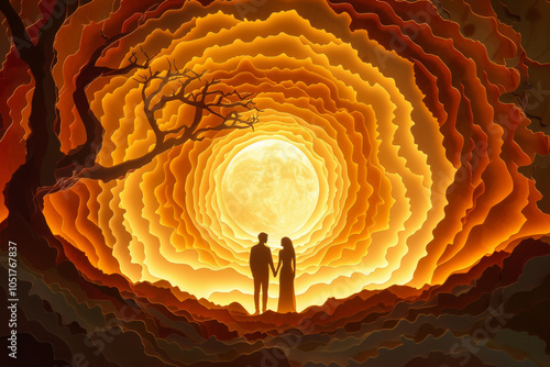 Silhouettes of romantic couple in an illuminated paper cut forest scene, highlighting love and intimacy in magical setting, symbolizing timelessness of true love