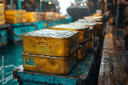 Stacked Cans of Sardines at a Fish Market