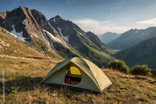 Tourist tent in the mountains at sunset photo