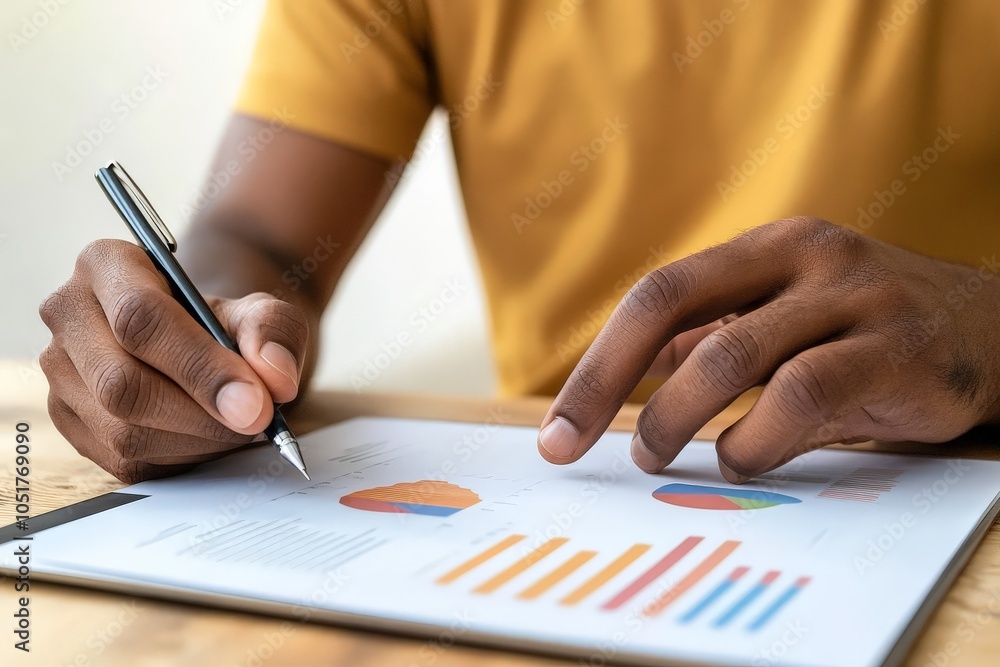 A person in a yellow shirt writes on a report with colorful graphs and charts, analyzing data and making notes. A person in a yellow shirt writes on a report with colorful graphs and charts, analyzing data and making notes.