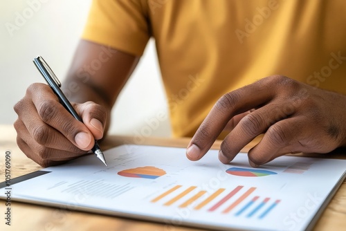 A person in a yellow shirt writes on a report with colorful graphs and charts, analyzing data and making notes.