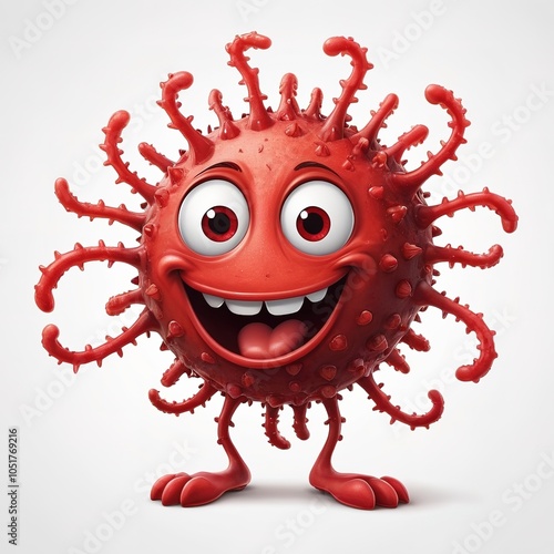 Happy red virus cartoon character, smiling and approachable, isolated on white. photo