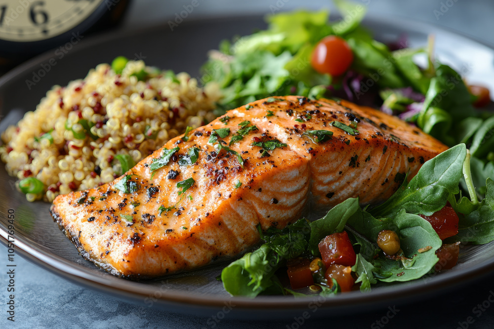 A plate of food with a piece of salmon and a salad A plate of food with a piece of salmon and a salad