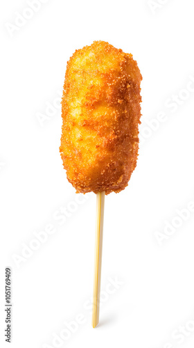 Corndog on a stick isolated on white background photo