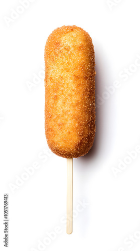 Corndog on a stick isolated on white background photo