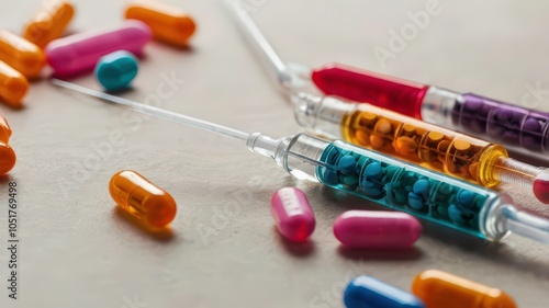 Colorful Syringes and Capsules on Neutral Surface