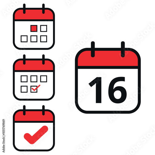 Simple flat icons in red in different calendar formats with specific day marked, day 16.